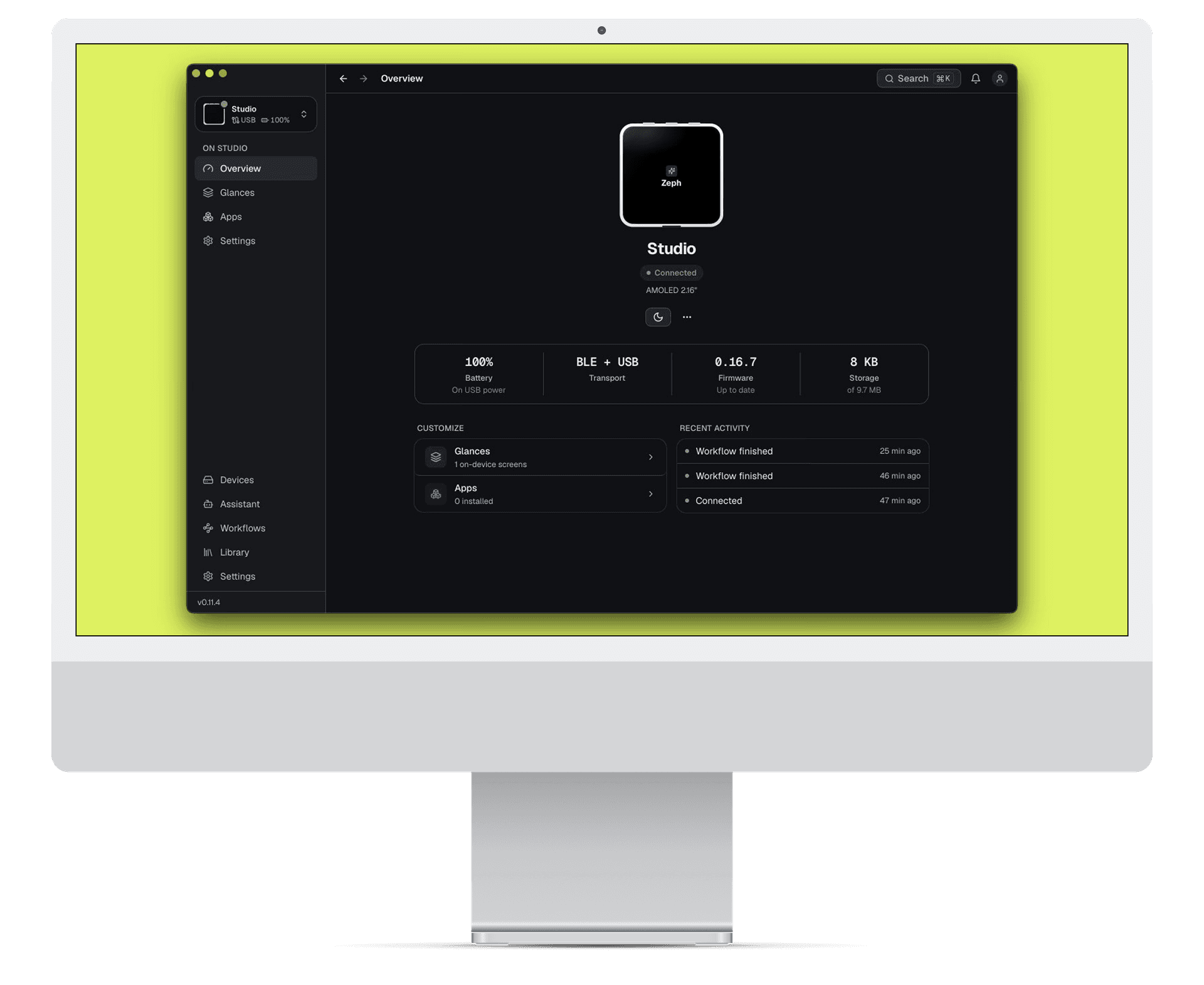 The Zeph companion app on an iMac: the device Overview for Studio, connected, firmware up to date, storage and recent activity