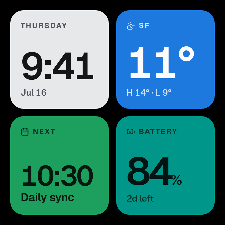 A ZephOS home glance — clock, weather, next event and battery