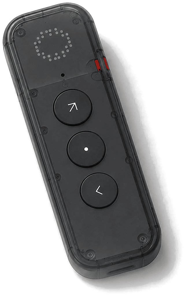 The Zeph Click remote: three buttons and a dotted LED matrix