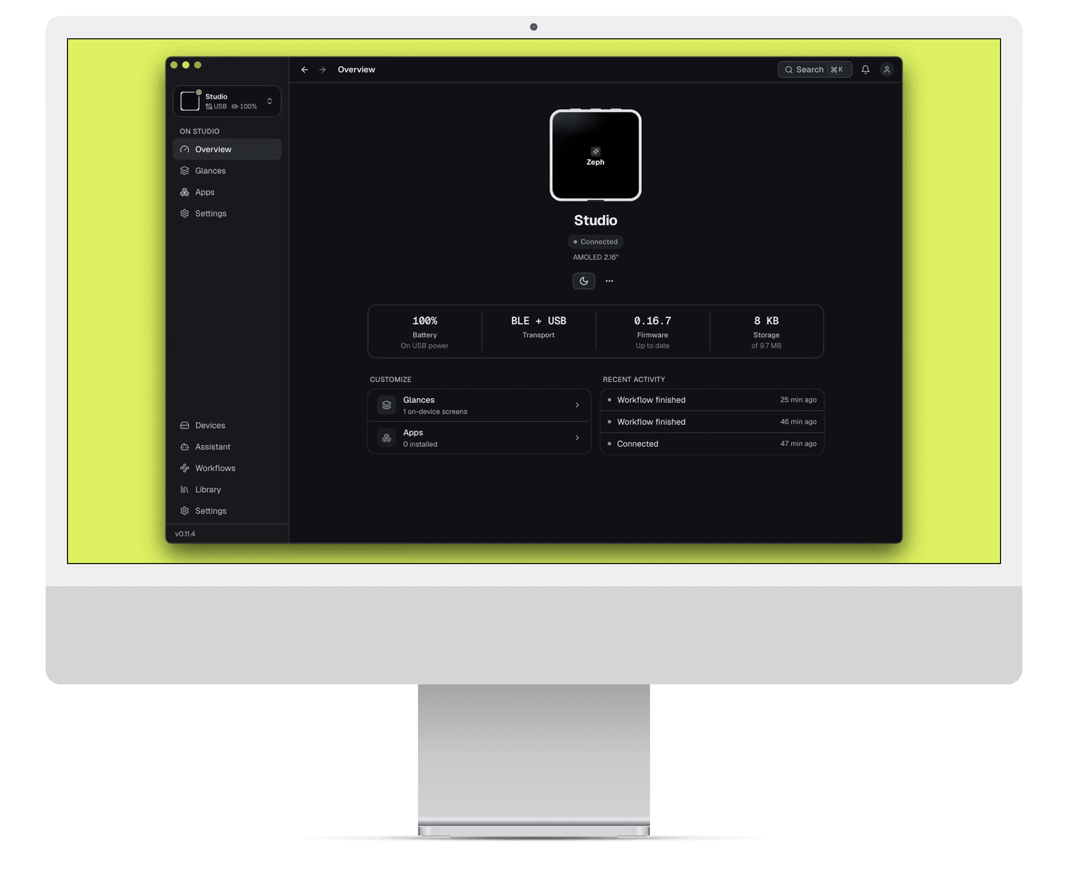 The Zeph companion app on an iMac: the device Overview for Studio, connected, firmware up to date, storage and recent activity