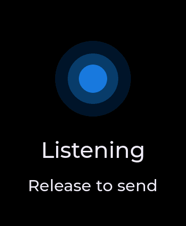 A ZephOS push-to-talk screen: a pulsing dot above the words “Listening — release to send”.