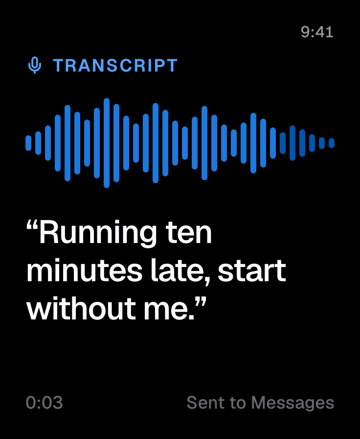 A ZephOS transcript screen: a waveform above the words “Running ten minutes late, start without me.”
